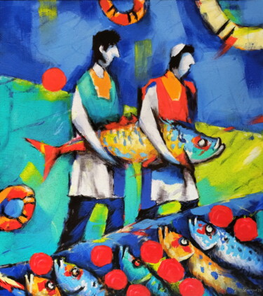 Painting titled "Fish in Beetroot" by Evgen Semenyuk, Original Artwork, Acrylic