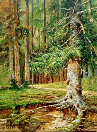 Painting titled "Sprace forest" by Artur Karkovskiy, Original Artwork, Oil