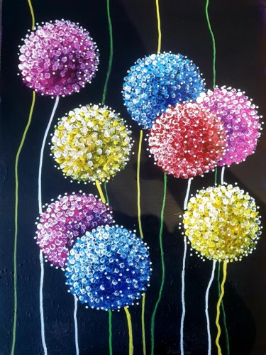 Peinture intitulée "Rainbow dandelions" par Nadezhda Opekunova (Lillas Art), Œuvre d'art originale, Acrylique
