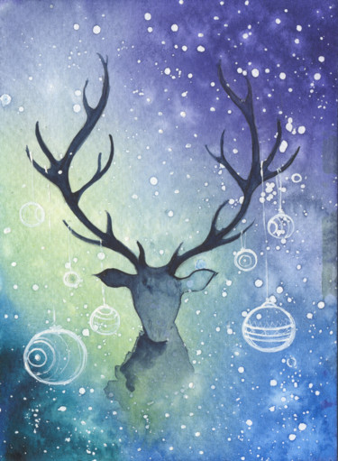 Painting titled "Deer small watercol…" by Nadezhda Opekunova (Lillas Art), Original Artwork, Watercolor