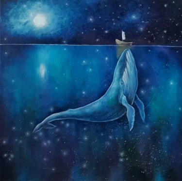 Painting titled "Whale and boat unde…" by Nadezhda Opekunova (Lillas Art), Original Artwork, Oil Mounted on Wood Stretcher f…
