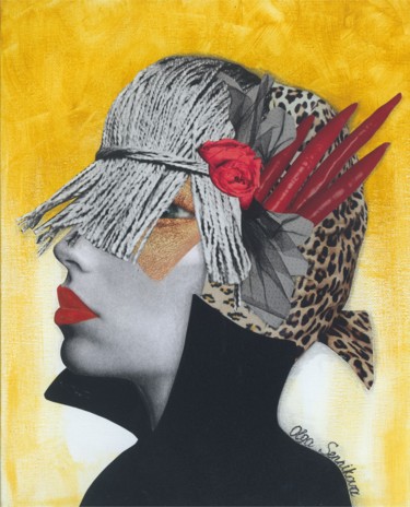 Collages intitolato ""Woman with pepper"…" da Olga Sennikova, Opera d'arte originale, Acrilico Montato su Cartone