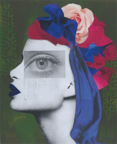 Collages intitolato ""Woman with blue he…" da Olga Sennikova, Opera d'arte originale, Collages Montato su Cartone