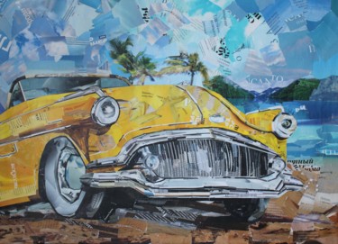 Collages titled "Retro car" by Olga Sennikova, Original Artwork, Collages Mounted on Wood Stretcher frame