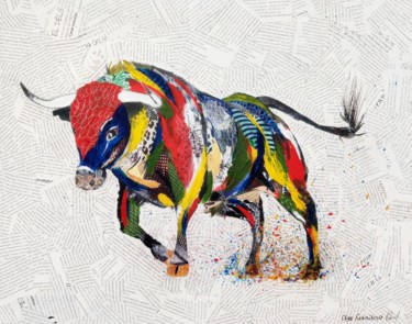 Collages titled "Bull" by Olga Sennikova, Original Artwork, Collages Mounted on Wood Stretcher frame