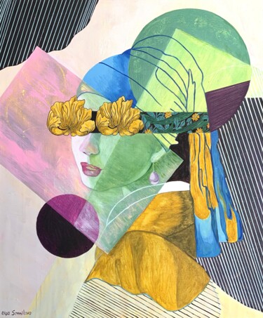 Peinture intitulée "Girl with flower ey…" par Olga Sennikova, Œuvre d'art originale, Acrylique Monté sur Châssis en bois