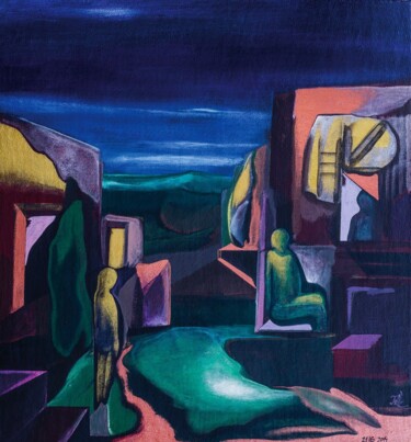 Malerei mit dem Titel "Evening in town" von Sentio O.M.T., Original-Kunstwerk, Acryl Auf Karton montiert