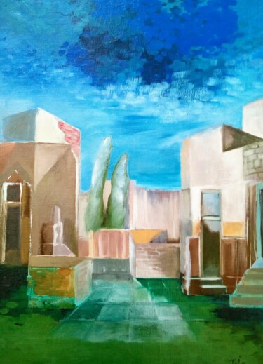 Painting titled "Dada courtyard" by Sentio O.M.T., Original Artwork, Oil Mounted on Wood Stretcher frame