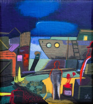 Painting titled "In the night port" by Sentio O.M.T., Original Artwork, Acrylic Mounted on Cardboard