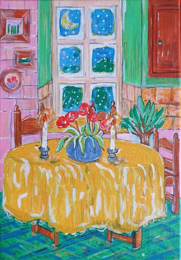 Painting titled "Dinner table with c…" by Seon Young Park, Original Artwork, Acrylic