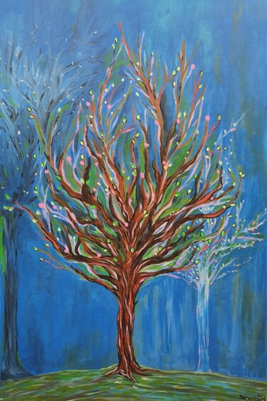 Peinture intitulée "Trees in the backya…" par Seon Young Park, Œuvre d'art originale, Acrylique