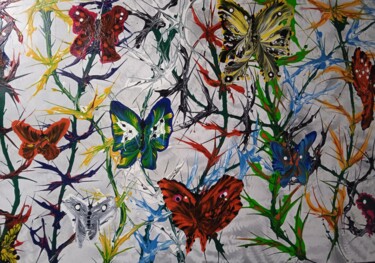 Painting titled "papillons divers bu…" by Serge Arnaud, Original Artwork, Acrylic Mounted on Wood Stretcher frame
