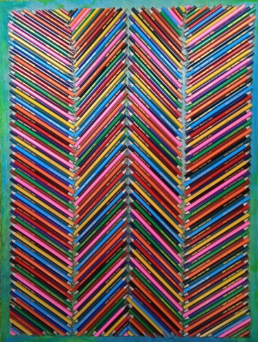 Κολάζ με τίτλο "crayons de couleurs…" από Serge Arnaud, Αυθεντικά έργα τέχνης, Κολάζ Τοποθετήθηκε στο Ξύλινο φορείο σκελετό