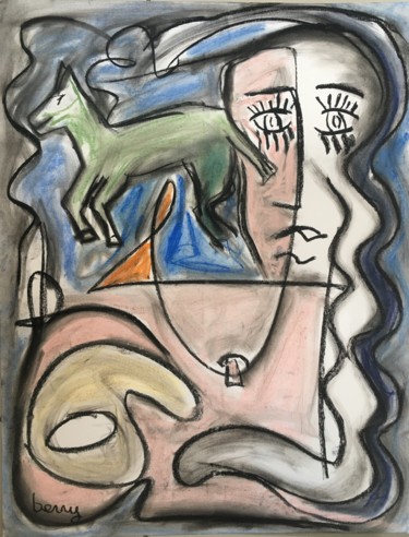 Painting titled "La femme et l âne" by Serge Berry, Original Artwork, Pastel