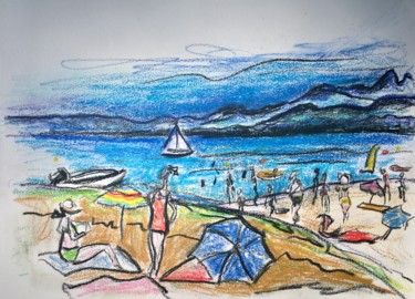 Painting titled "Plage du lac Léman l" by Serge Berry, Original Artwork, Pastel