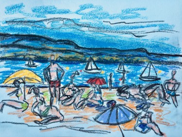 Painting titled "Plage du lac Léman…" by Serge Berry, Original Artwork, Pastel