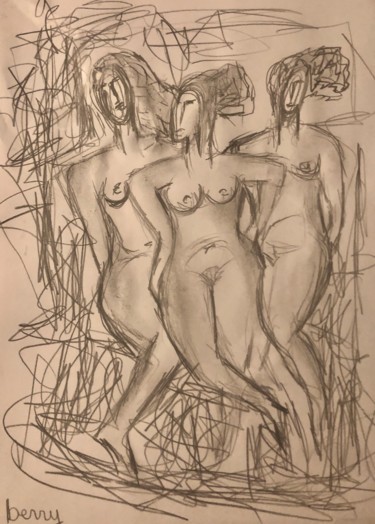 Картина под названием "Les trois Muses" - Serge Berry, Подлинное произведение искусства, Карандаш