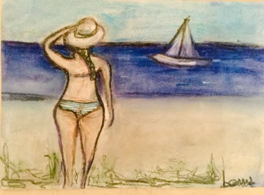 Peinture intitulée "Femme sur la plage…" par Serge Berry, Œuvre d'art originale, Pastel