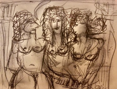 Peinture intitulée "Trois femmes au sau…" par Serge Berry, Œuvre d'art originale, Crayon