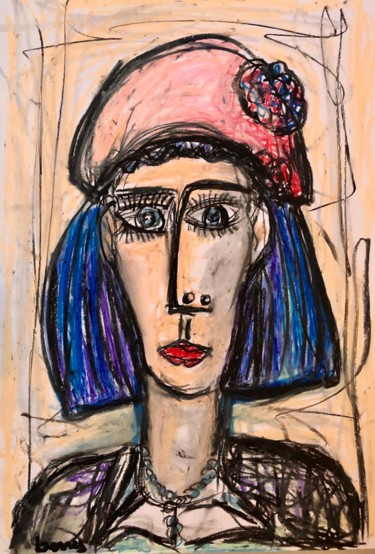 Painting titled "Femme au chapeau cl…" by Serge Berry, Original Artwork, Pastel