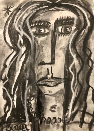 Peinture intitulée "Monalisa au miroir" par Serge Berry, Œuvre d'art originale, Fusain