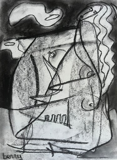 Malerei mit dem Titel "Femme au violon" von Serge Berry, Original-Kunstwerk, Kohle