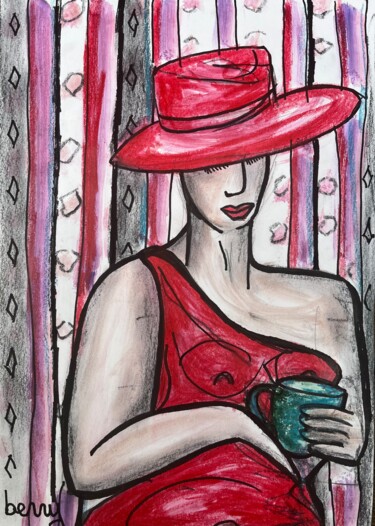 Painting titled "Femme au the rouge" by Serge Berry, Original Artwork, Pastel