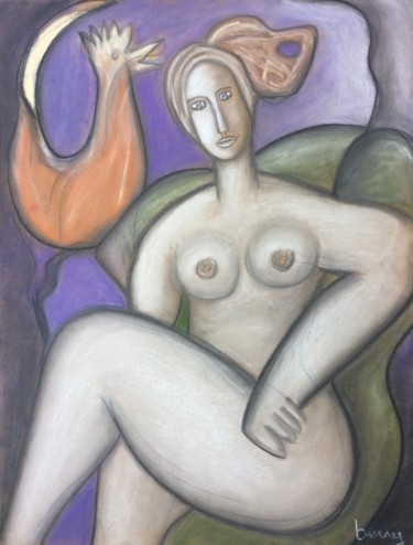 Painting titled "Femme avec coq le m…" by Serge Berry, Original Artwork