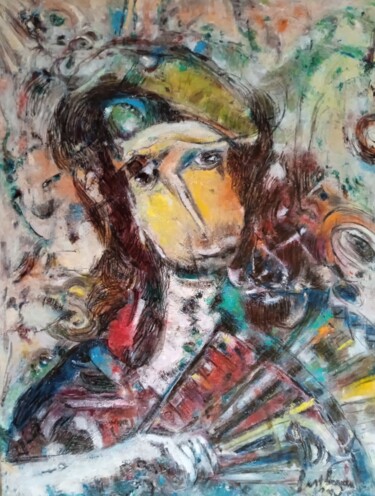 Painting titled "Le musicien" by Serge Berthereau, Original Artwork, Oil Mounted on Wood Stretcher frame