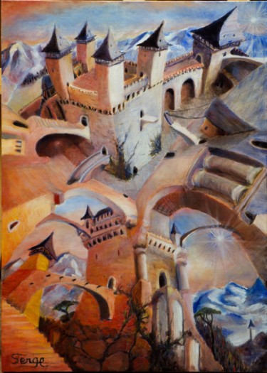 Картина под названием "Chateau étrange" - Serge Boisse, Подлинное произведение искусства, Масло Установлен на Деревянная рам…