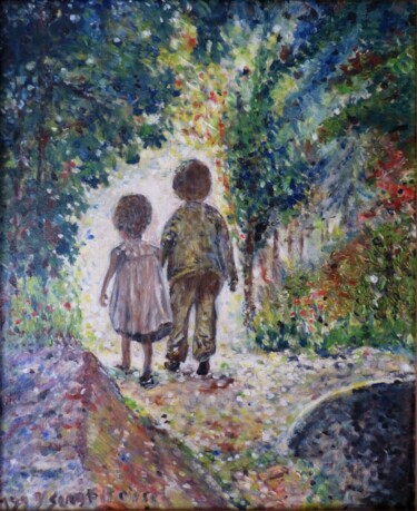 Картина под названием "Enfants en forêt" - Serge Boisse, Подлинное произведение искусства, Масло Установлен на Деревянная ра…