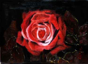 Painting titled "Petite rose" by Serge Boisse, Original Artwork, Oil Mounted on Wood Stretcher frame