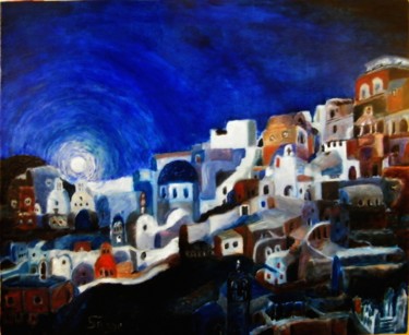 Painting titled "Santorin la nuit" by Serge Boisse, Original Artwork, Oil