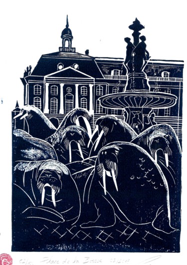 Printmaking titled "Place de la bourse…" by Serge Canu, Original Artwork, Linocuts