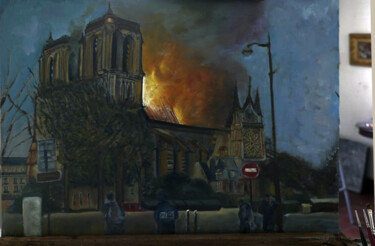 Peinture intitulée "Notre Dame incendie" par Serge Krief, Œuvre d'art originale, Huile