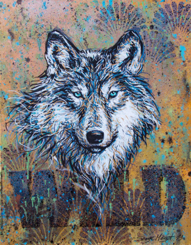 Schilderij getiteld "Wolf into the Wild" door Serge Mazet, Origineel Kunstwerk, Acryl