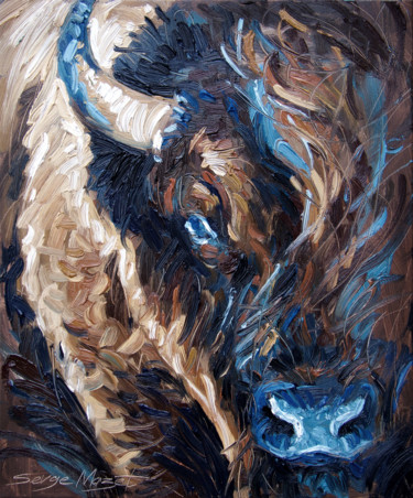 Pintura intitulada "Bison Bleu" por Serge Mazet, Obras de arte originais, Óleo