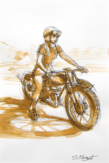 Dibujo titulada "Fille à la moto" por Serge Mazet, Obra de arte original, Tinta