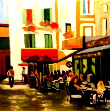 Painting titled "Terrasses de café" by Serge Ribardiere (RIB), Original Artwork, Oil