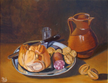 Painting titled "Cruche, pain et noix" by Serge Ribardiere (RIB), Original Artwork, Oil
