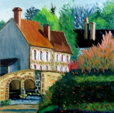 Painting titled "Maisons et pont" by Serge Ribardiere (RIB), Original Artwork, Oil