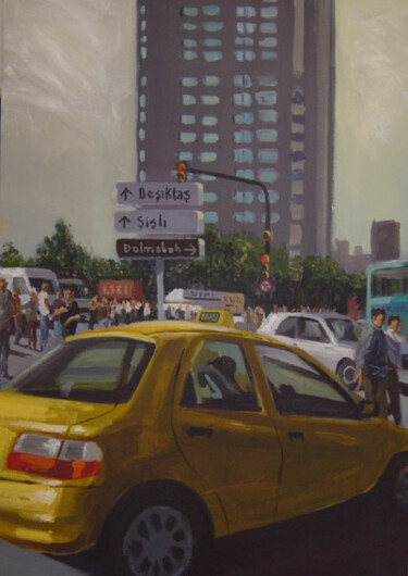 Painting titled "Taxi Go Taksim" by Serge Salis, Original Artwork, Acrylic Mounted on Wood Stretcher frame