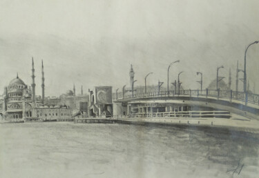Drawing titled "Le pont de Galata I…" by Serge Salis, Original Artwork, Pencil Mounted on Other rigid panel