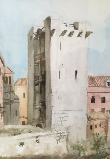 Painting titled "La Torre dell'Elefa…" by Serge Salis, Original Artwork, Watercolor Mounted on Wood Panel