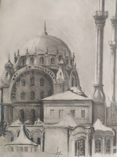 Zeichnungen mit dem Titel "La mosquée Nusretiye" von Serge Salis, Original-Kunstwerk, Bleistift