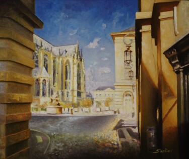 Painting titled "Metz la cathédrale…" by Serge Santini, Original Artwork, Oil Mounted on Cardboard