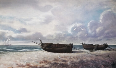 Painting titled "boats on the sand" by Serge Sunne, Original Artwork, Acrylic