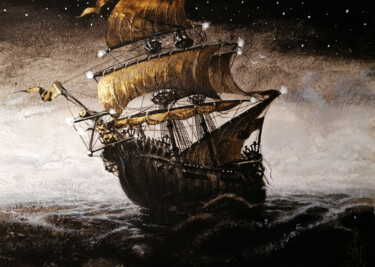Painting titled "Black brig Golden s…" by Serge Sunne, Original Artwork, Acrylic