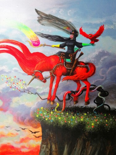Painting titled "Levitating Red Unic…" by Serge Sunne, Original Artwork, Acrylic