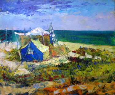 Ζωγραφική με τίτλο "Camping by the sea." από Serge Syrok, Αυθεντικά έργα τέχνης, Λάδι Τοποθετήθηκε στο Ξύλινο φορείο σκελετό